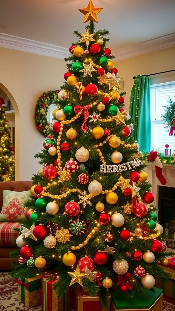 Christmas Tree Color Themes A Christmas tree decorated with various color themes, including traditional red and green, elegant gold and silver, and bright colors.
